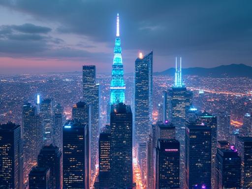 未来的なAIインターフェースと東京のスカイラインの合成画像