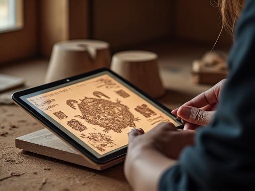 タブレットでデザインを確認しながら木工に取り組む職人