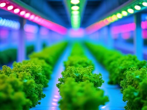 LEDライトの下で育つレタスが並ぶ垂直農場