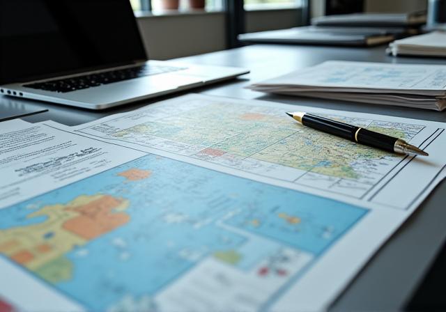 調査資料と地図が広げられた机