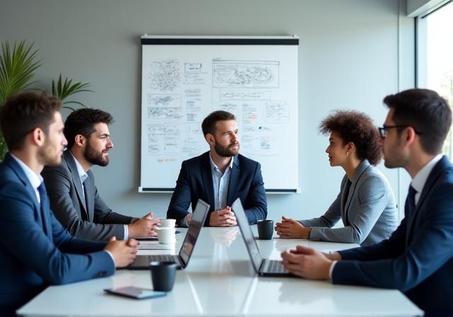 会議室で戦略を議論する多様な専門家のグループ