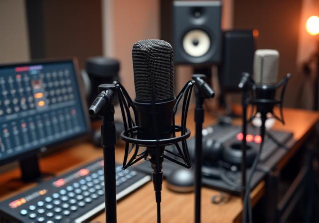 プロフェッショナルなマイクとミキサーを備えたモダンな録音スタジオ